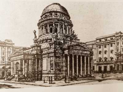 Per enfatizzare l�importanza d via Sparano, Dioguardi propose anche di inglobare l�ottocentesca chiesa di San Ferdinando in una sorta di �pantheon ai caduti� dai forti richiami classici, conclusa da una grande cupola poggiata su un tamburo colonnato...